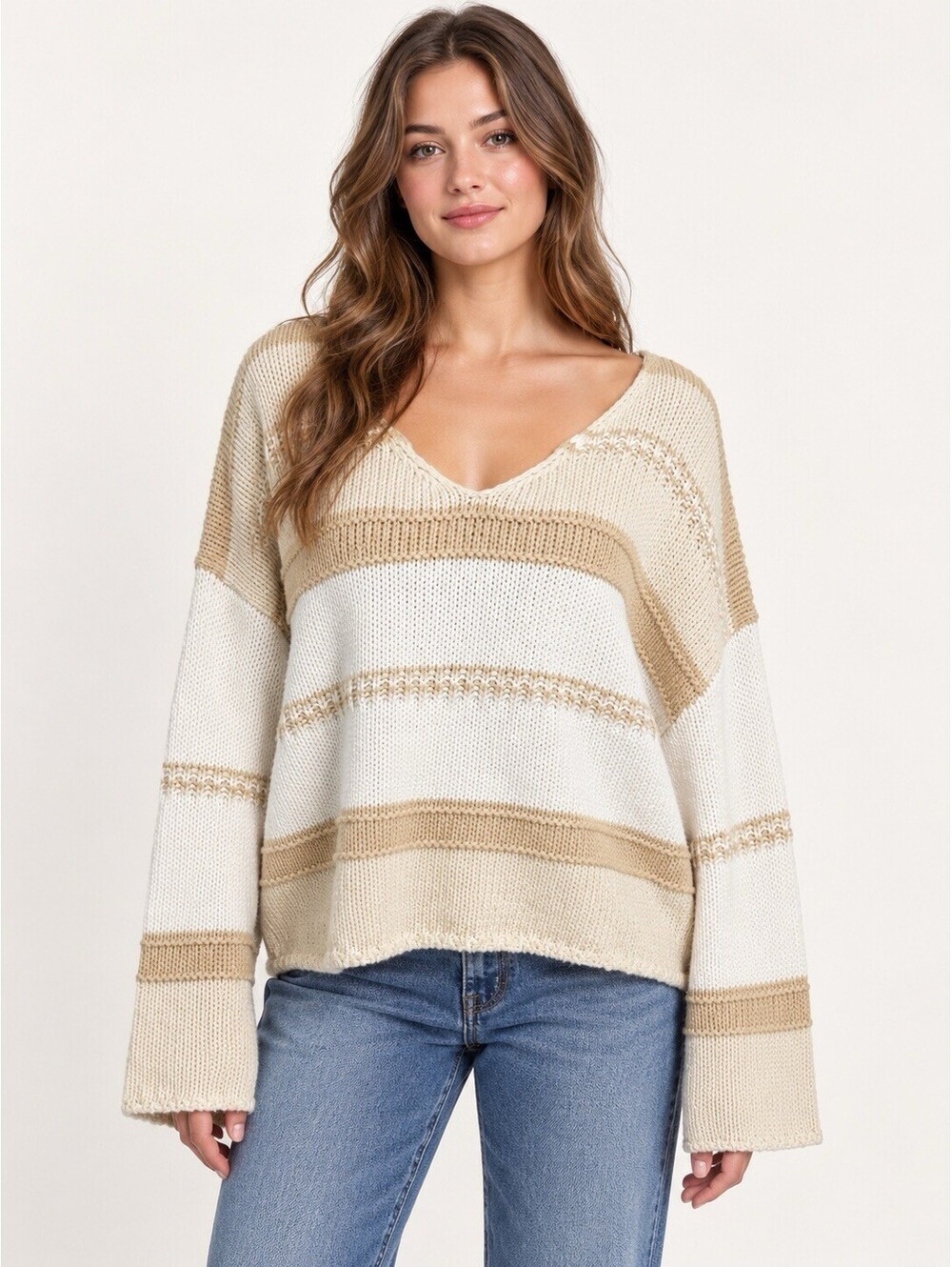 Sincerely Jules Women XL Cream Tan Striped V Neck Oversized Knit Sweater
